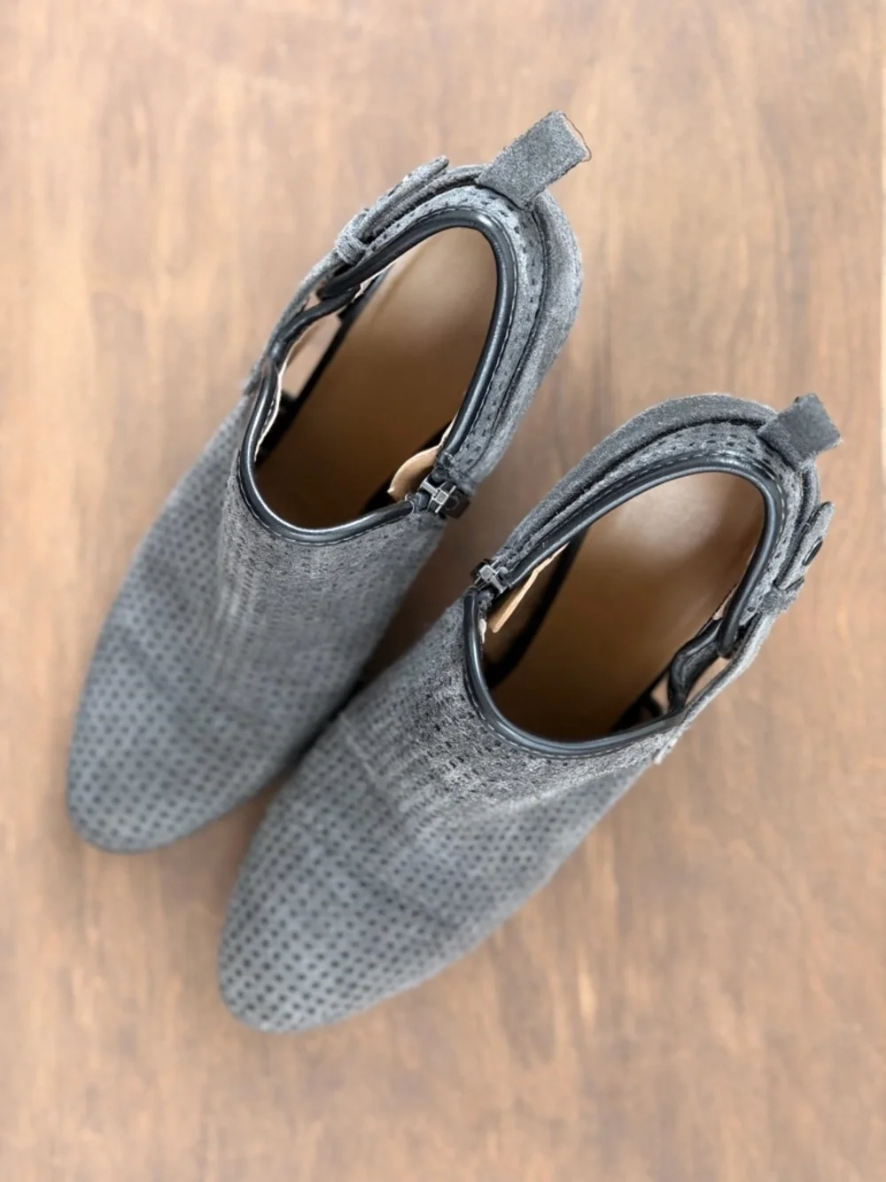 Franco Sarto Gray Perforated Suede Cutout Block Heel Booties - Picture 3 of 4